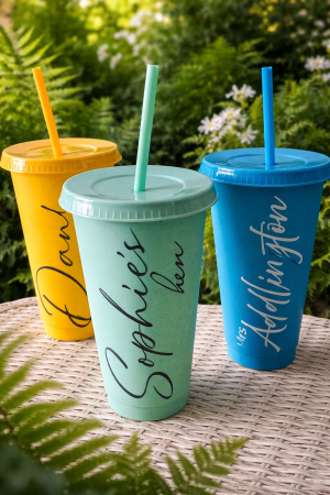 custom vinyl name sticker on reusable cup