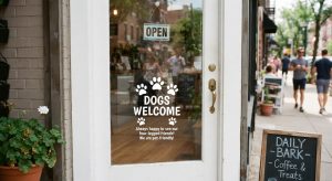 Dogs welcome notice on shop door